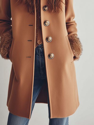 Vintage Fur Collar Button Wool Blend Coat
