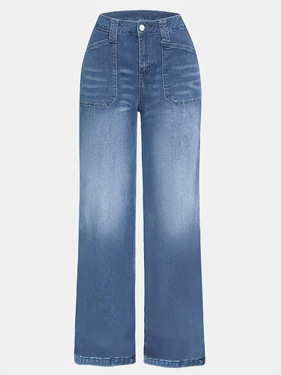 Retro Wide-Leg Patch Pocket Jeans".