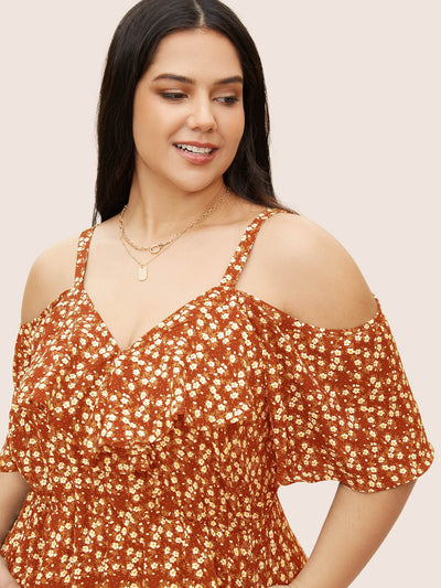 Ditsy Floral Pocket Wrap Cold Shoulder Ruffle Dress