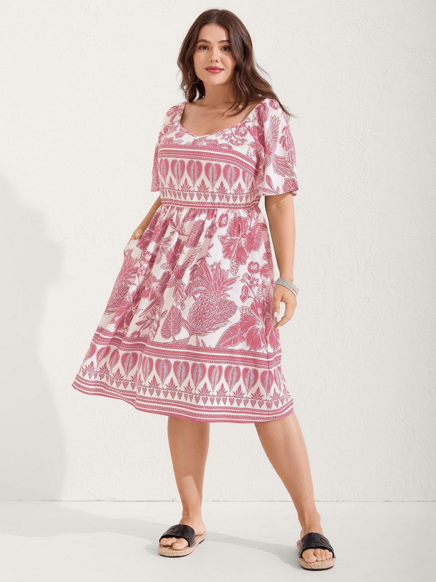 Boho Print Fit Flare Pockets Midi Dress