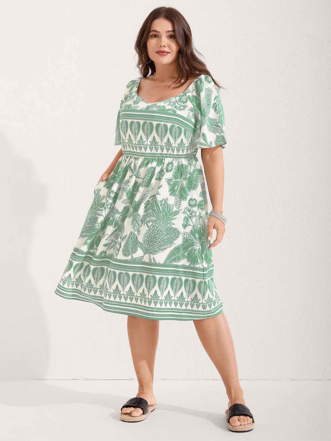 Boho Print Fit Flare Pockets Midi Dress