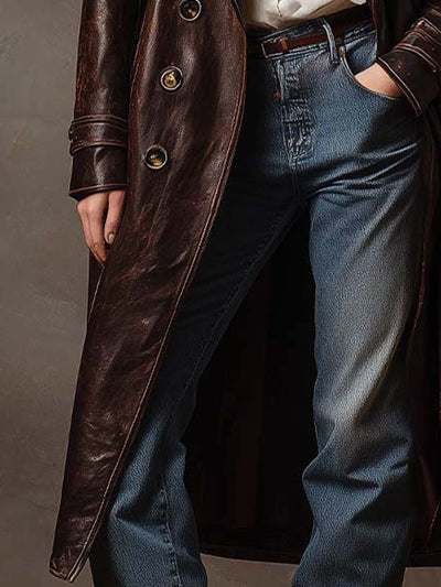 Vintage Brown Leather Trench Coat