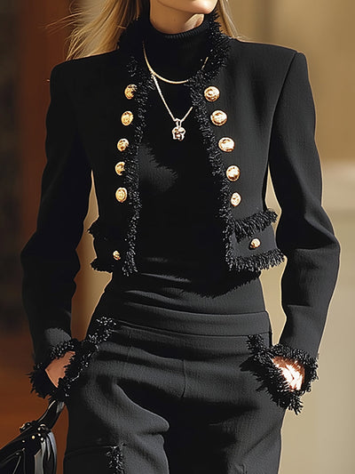 Black Jacket And Pants With Fringe Accents