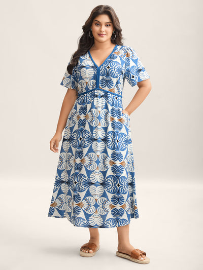 Shell Print Lace Detail Flowy Maxi Dress