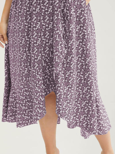 Ditsy Floral Pocket Wrap Cold Shoulder Ruffle Dress