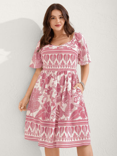 Boho Print Fit Flare Pockets Midi Dress