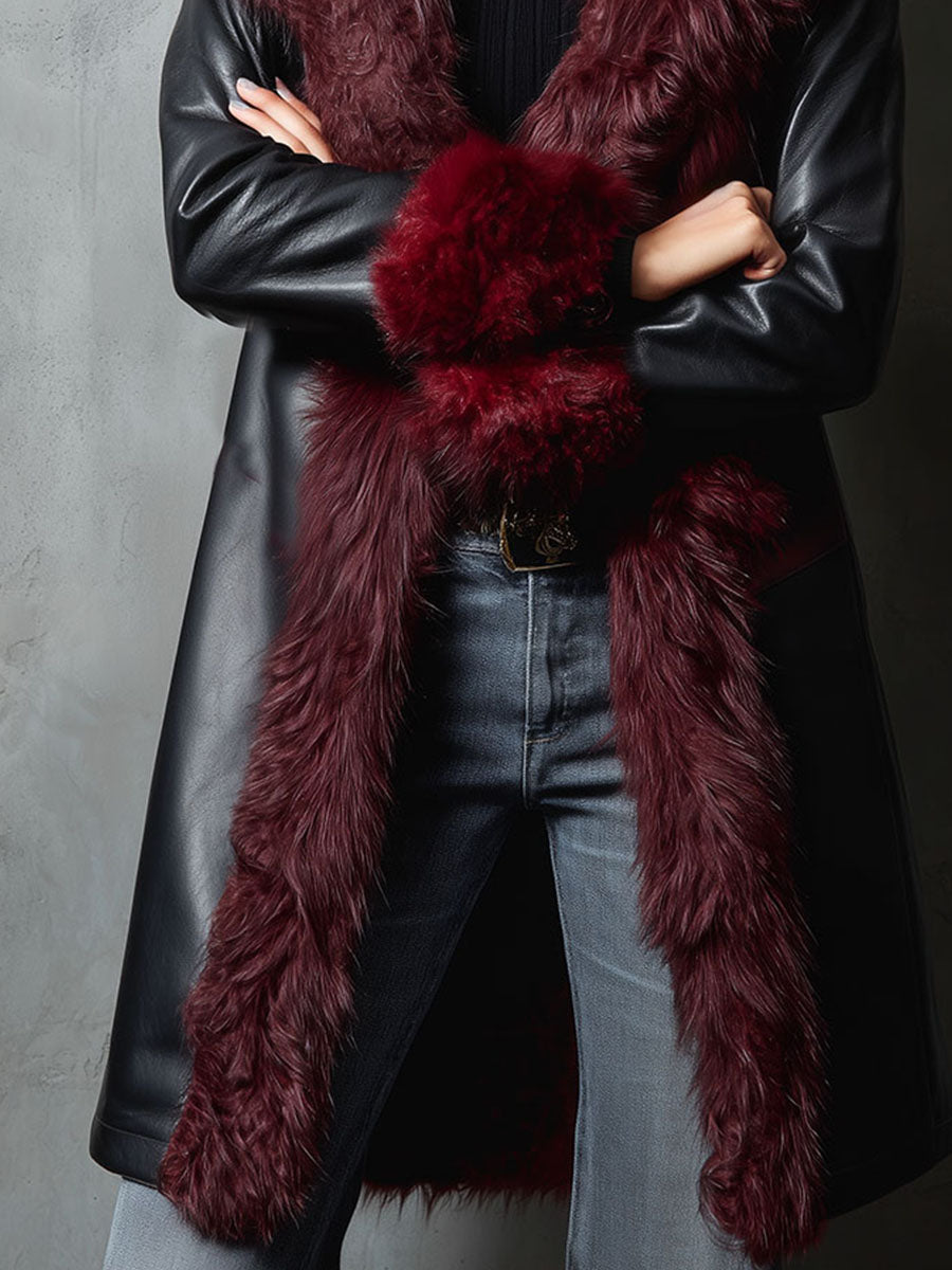 Black And Burgundy Eco Leather Long Coat With Plush Eco Fur Trim & Lining