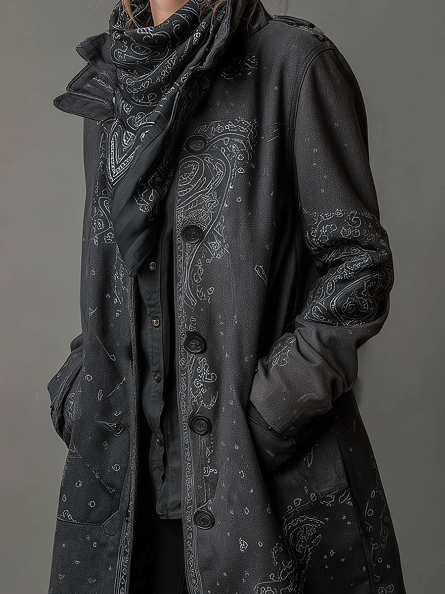 Vintage Dark Charcoal Printed Trench Coat
