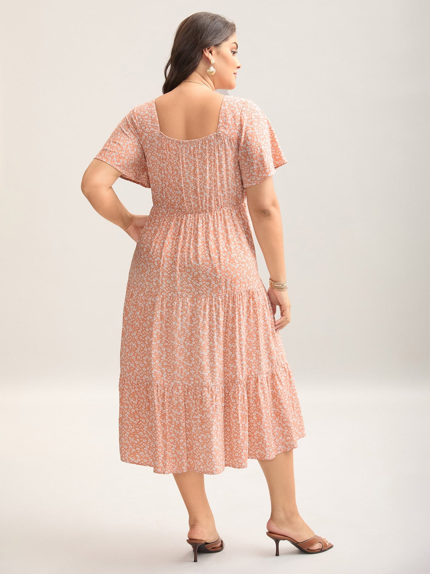 Ditsy Floral Sweetheart Drawstring Pocket Tiered Dress