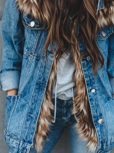 Casual Eco Fur Trimmed & Fleece Lining Denim Hooded Jacket
