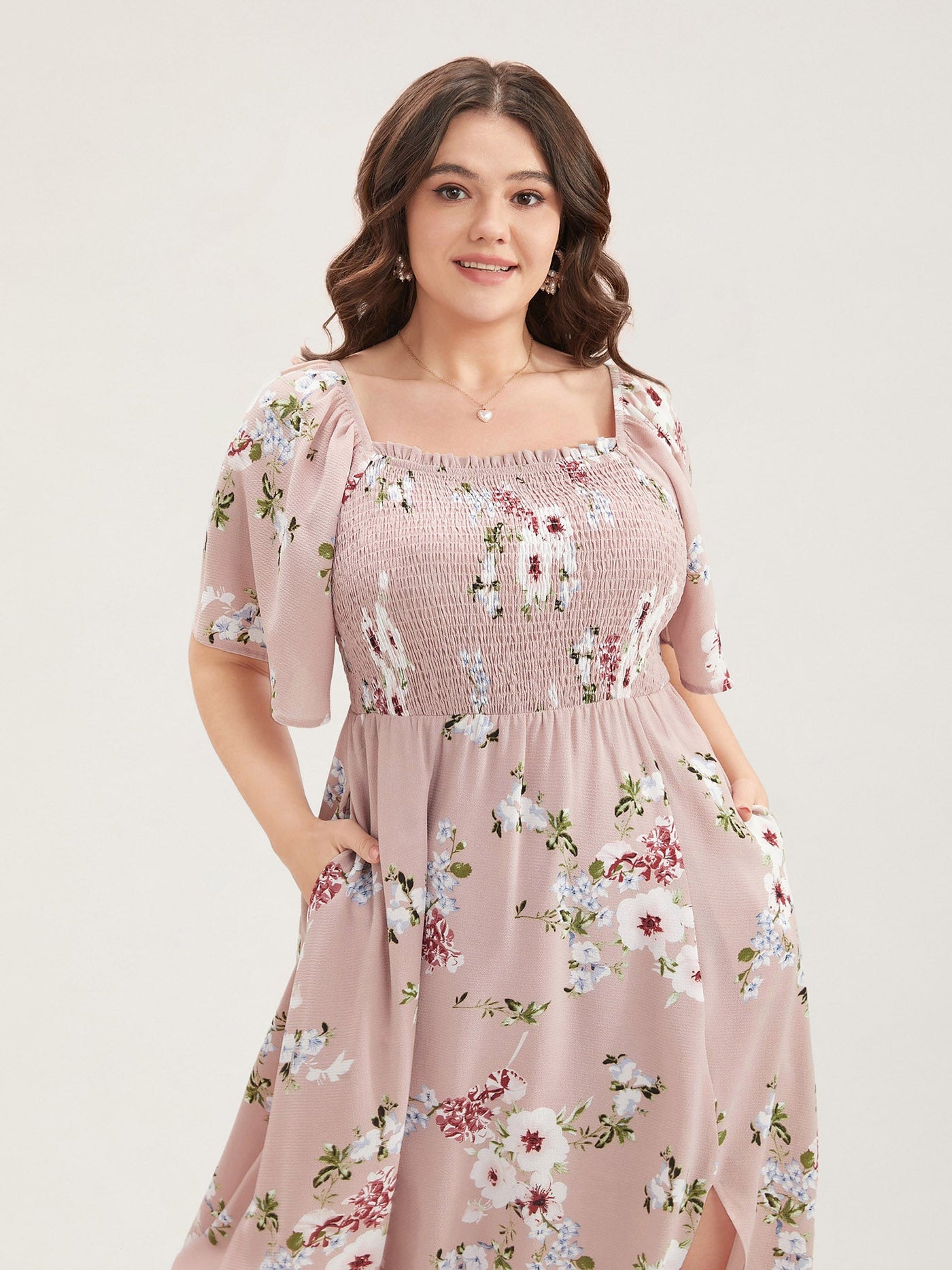 Floral Square Neck Ruffles Pocket Shirred Split Dress