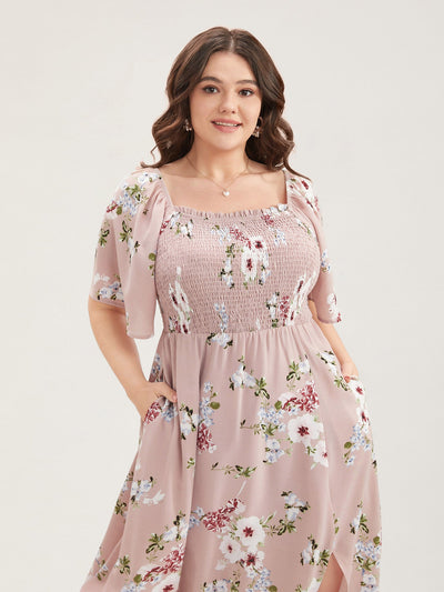 Floral Square Neck Ruffles Pocket Shirred Split Dress