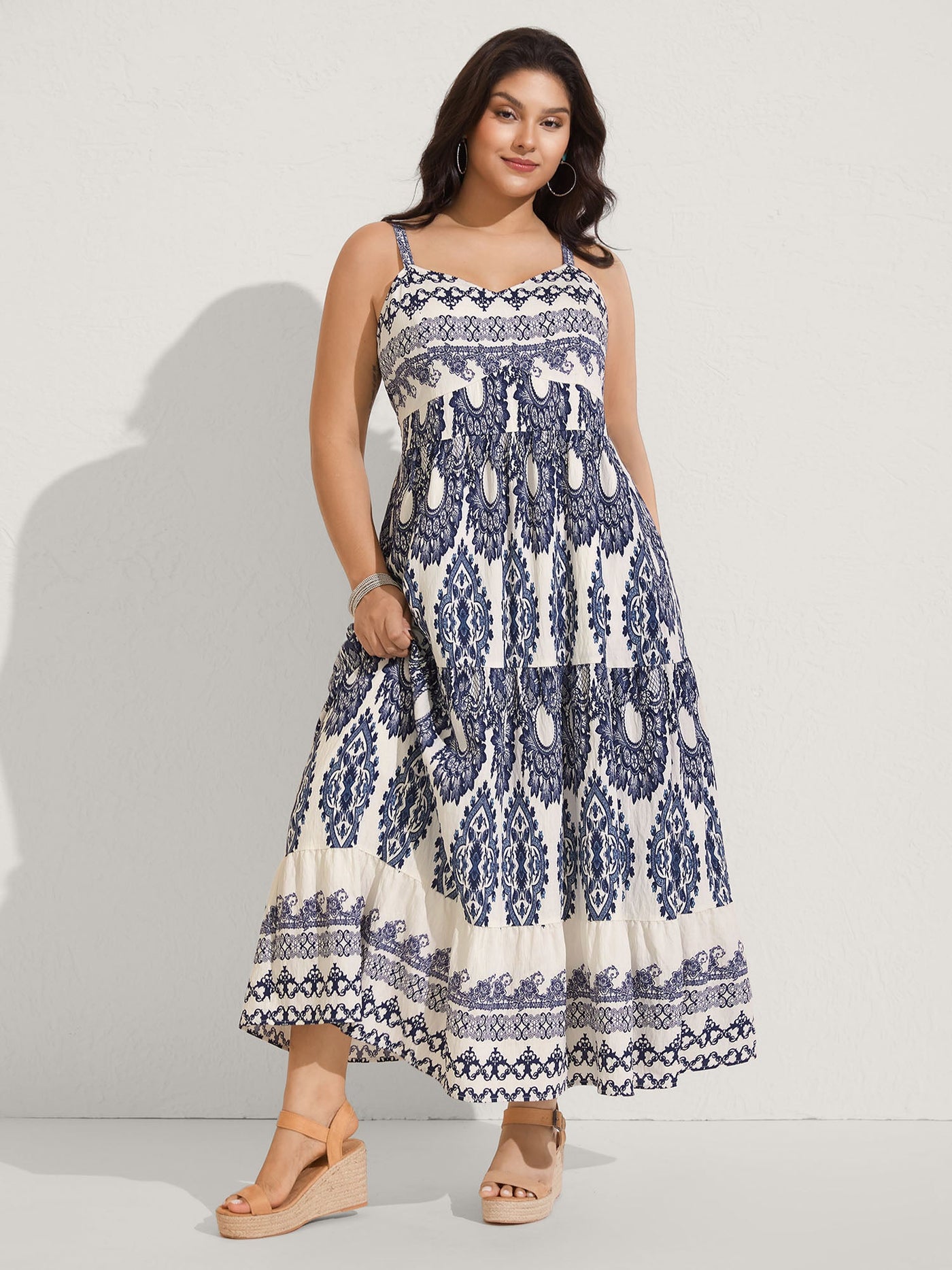 Boho Print Shirred Cami Midi Dress