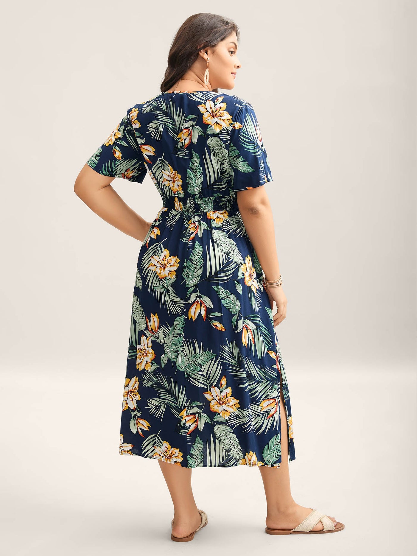 Tropical Floral Print Shirred Waist Midi Dress