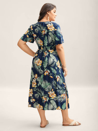 Tropical Floral Print Shirred Waist Midi Dress