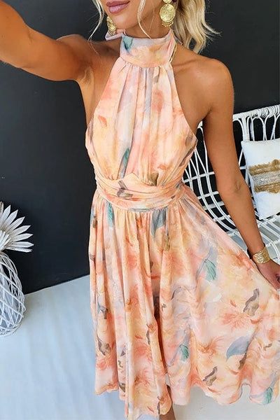 Elegant Maxi Empire Lace Dress with Open Seams and Watercolor Print