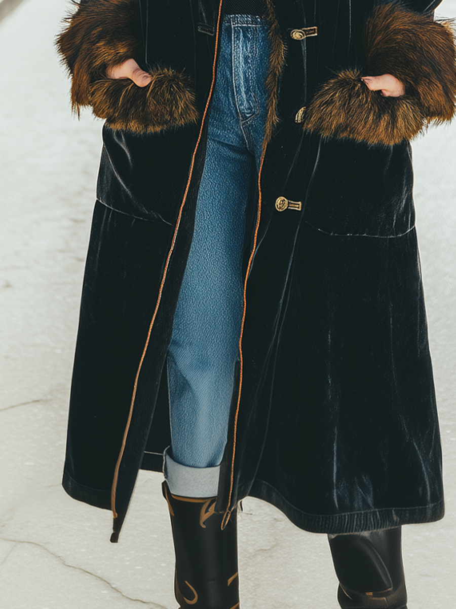 Vintage Fur Collar Velvet Coat
