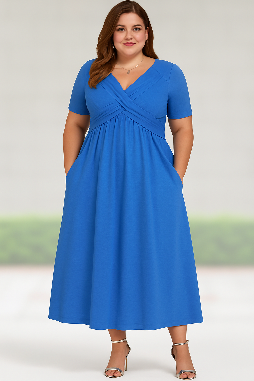Pleated V-neck Tummy Covering Midi Dress | MILAN