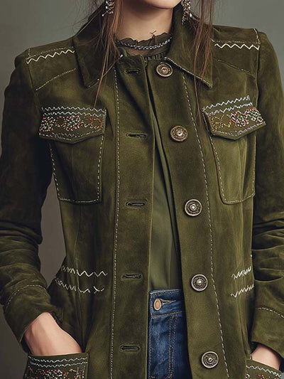 Olive Green Embroidered Suede Longline Coat