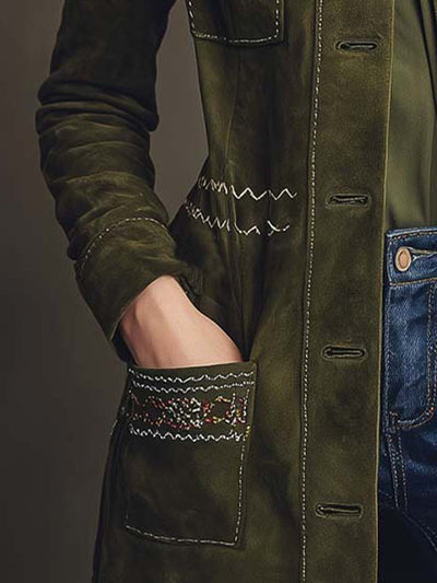 Olive Green Embroidered Suede Longline Coat