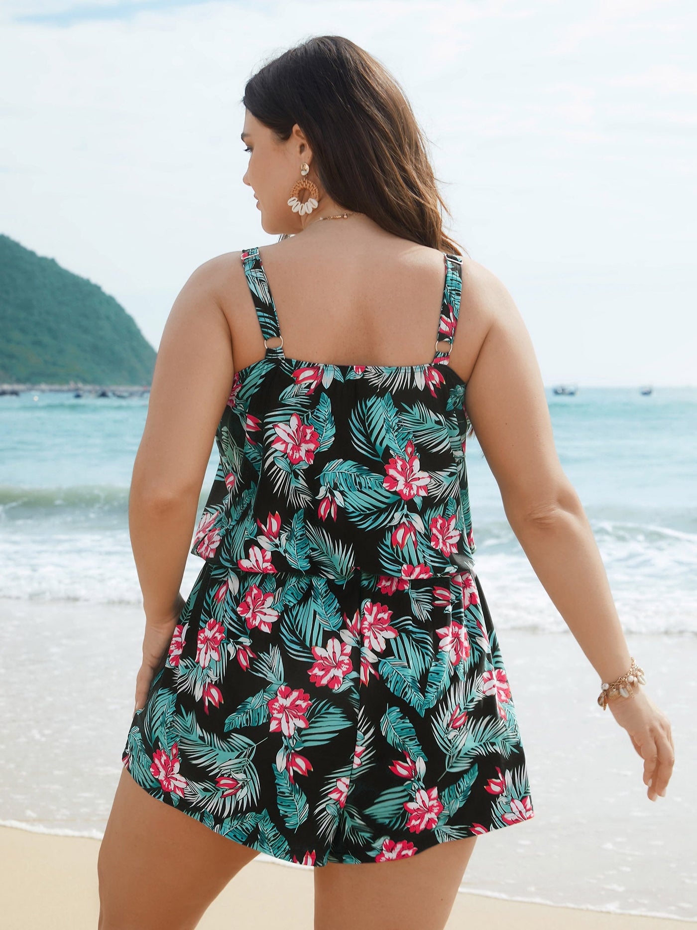 Tropical Flower Print Pockets One-Piece Swimsuit