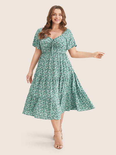 Ditsy Floral Sweetheart Drawstring Pocket Tiered Dress