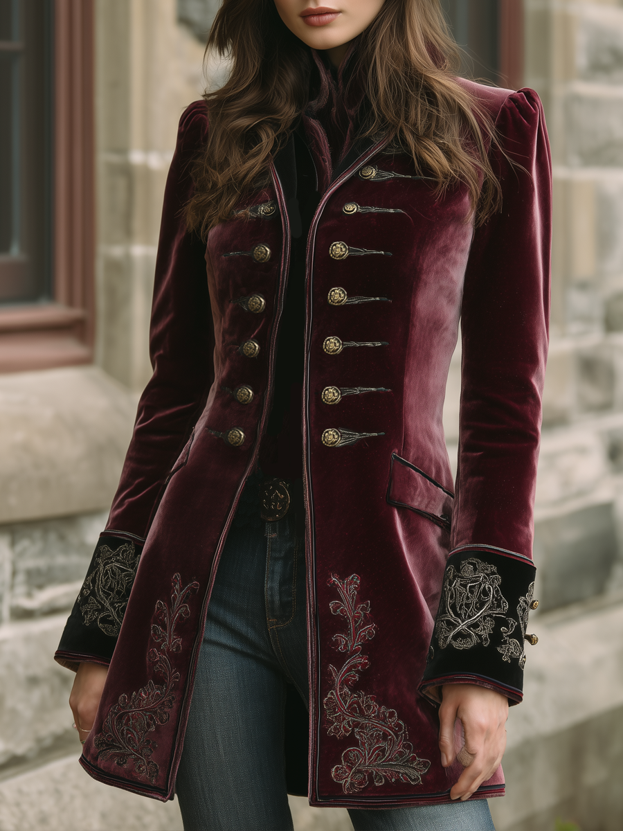 Vintage Contrast Trim Embroidered Velvet Coat