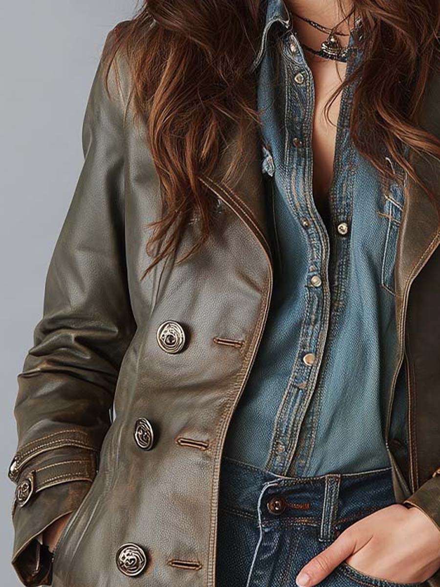 Vintage Olive PU Leather Trench Coat