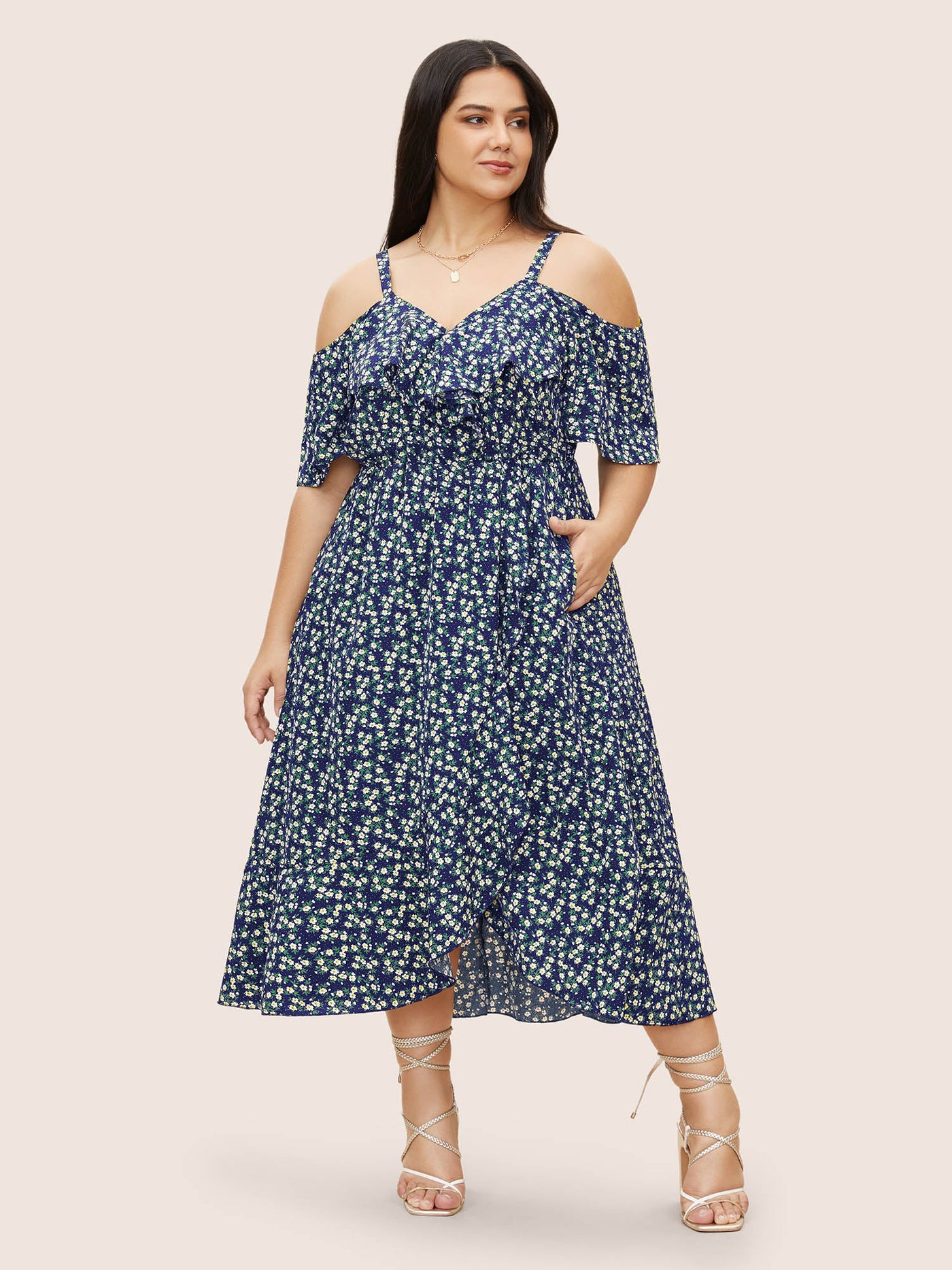 Ditsy Floral Pocket Wrap Cold Shoulder Ruffle Dress