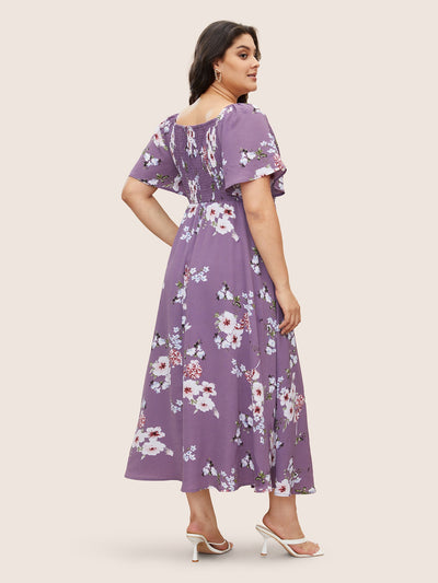 Floral Square Neck Ruffles Pocket Shirred Split Dress