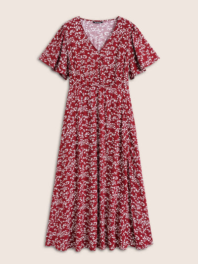 Bloom Dress - Flutter Sleeve Ditsy Floral Pocket Split Maxi Dress