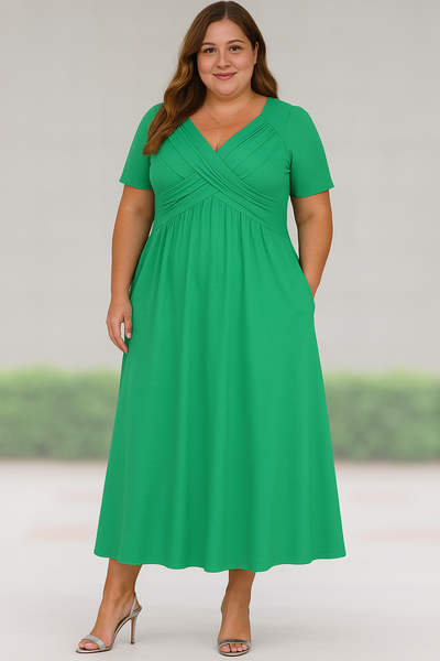 Pleated V-neck Tummy Covering Midi Dress | MILAN