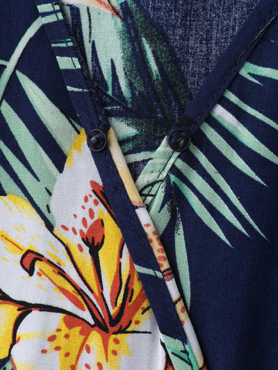 Tropical Floral Print Shirred Waist Midi Dress