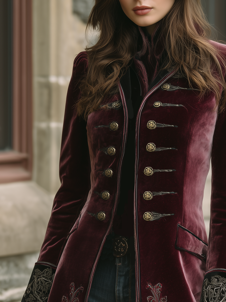 Vintage Contrast Trim Embroidered Velvet Coat