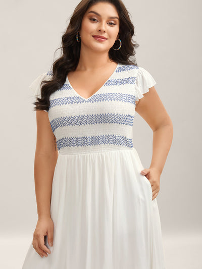 Rayon Shirred Color Contrast Floral Midi Dress