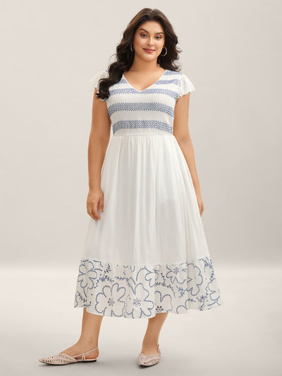 Rayon Shirred Color Contrast Floral Midi Dress