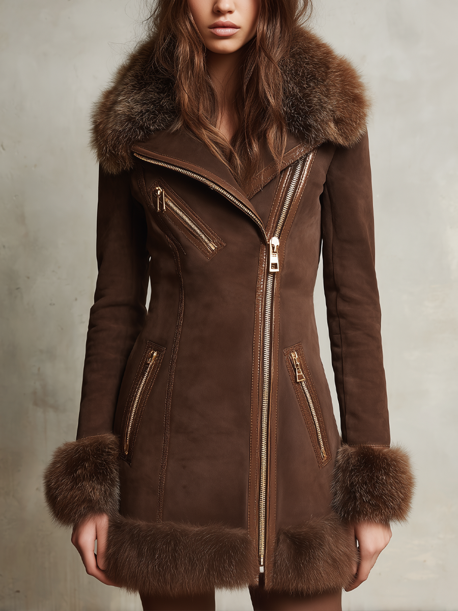 Retro Oblique Zipper Fur Collar Eco-friendly Suede Coat