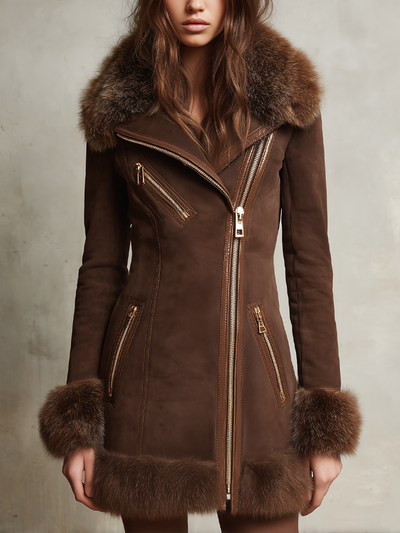 Retro Oblique Zipper Fur Collar Eco-friendly Suede Coat