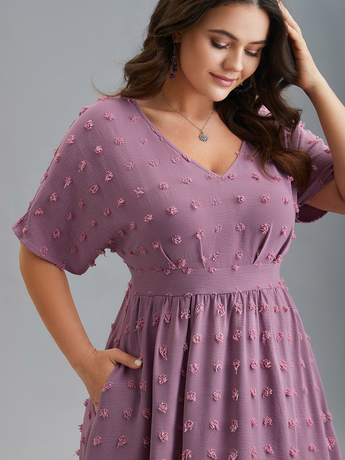 V-Neck Textured Batwing Sleeve Midi Dress