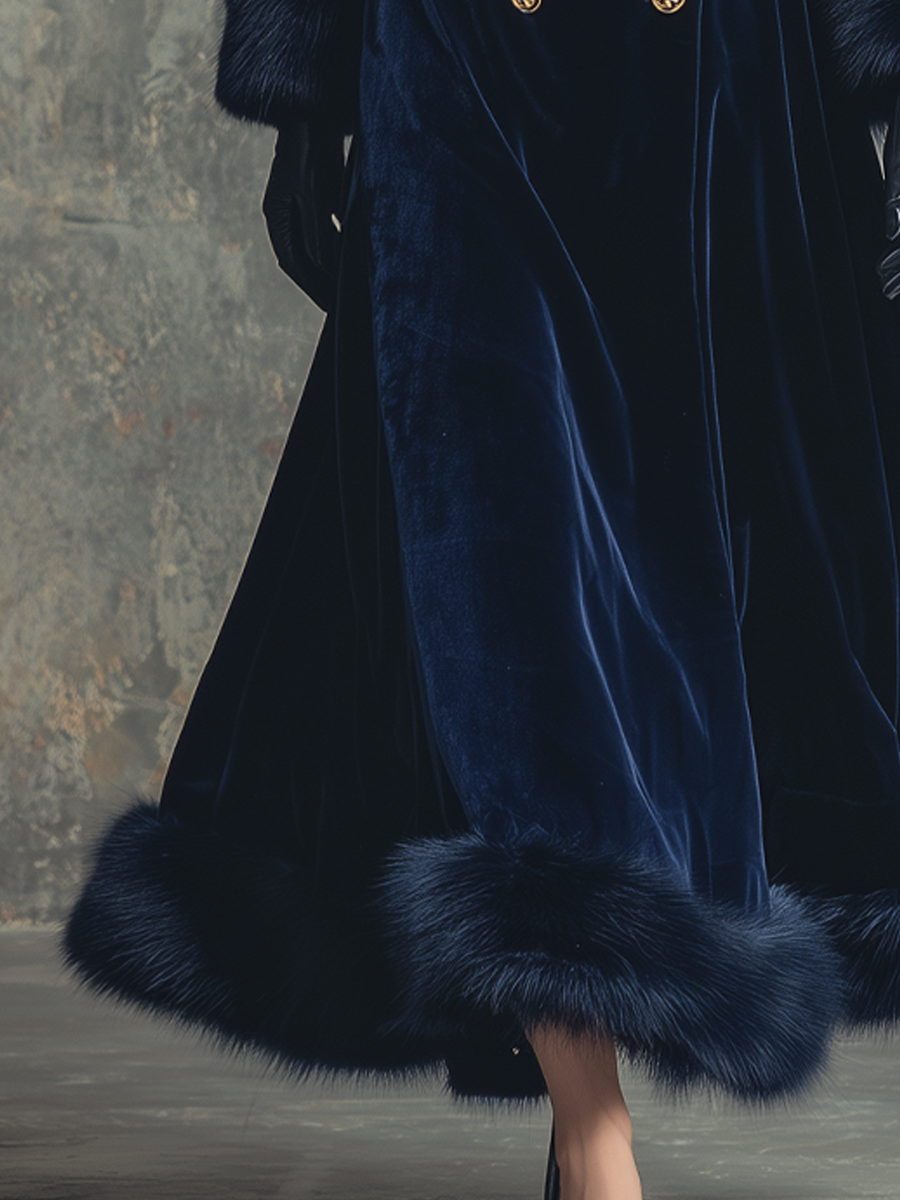 Retro Buttons Fur Collar Velvet Coat