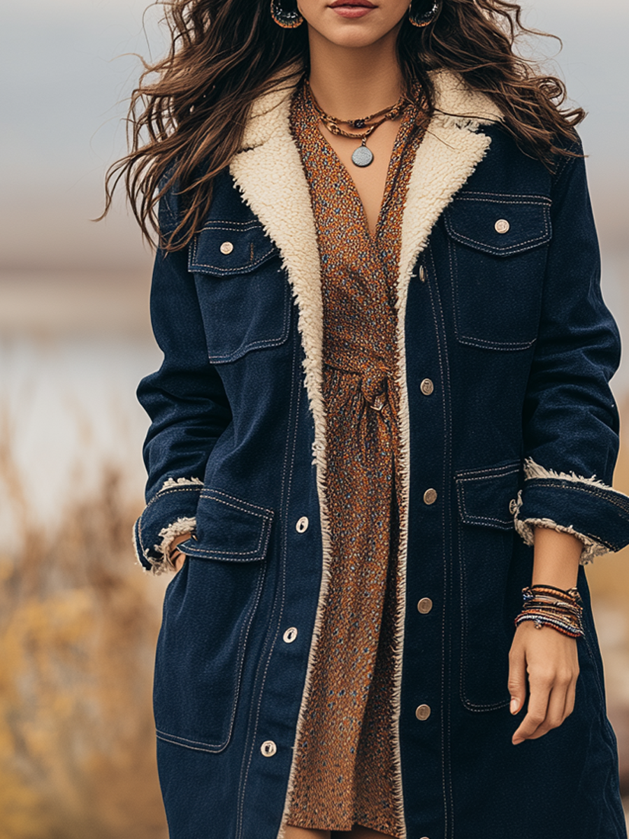Vintage Long Faux Sherpa Lined Denim Coat
