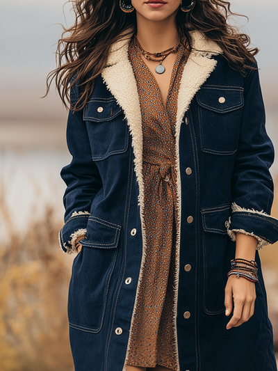 Vintage Long Faux Sherpa Lined Denim Coat