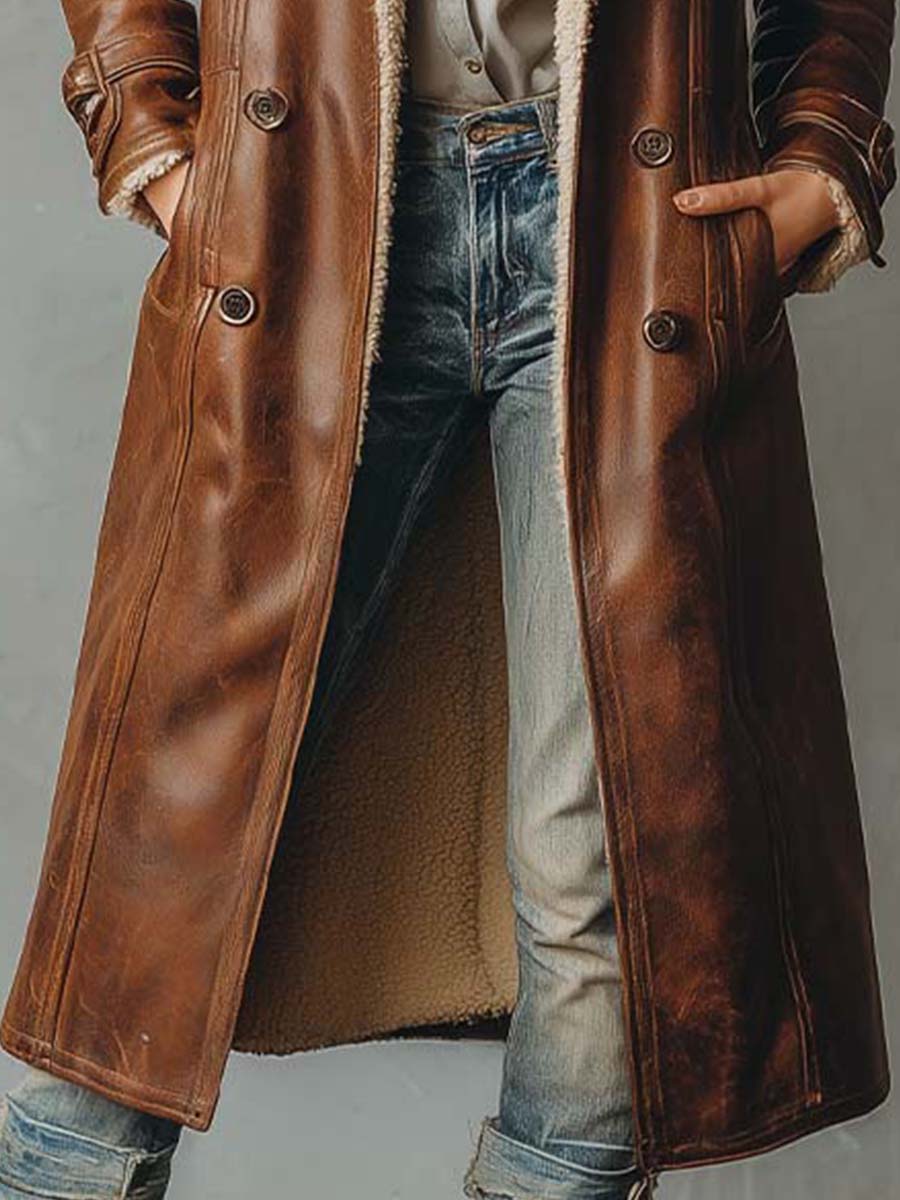 Vintage Shearling-Lined Brown Leather Coat