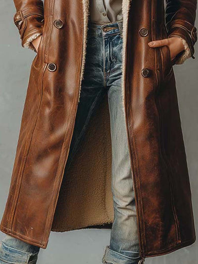 Vintage Shearling-Lined Brown Leather Coat