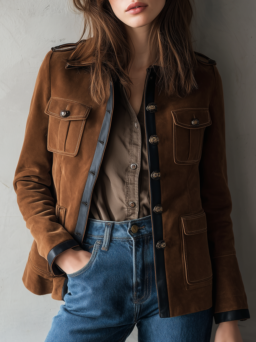 Retro Military Style Contrast Color Eco-friendly Leather Trim Suede Coat