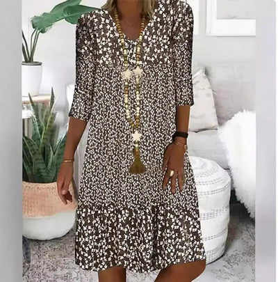 Fashion Printed Women Mid Sleeve V-Neck Dresses