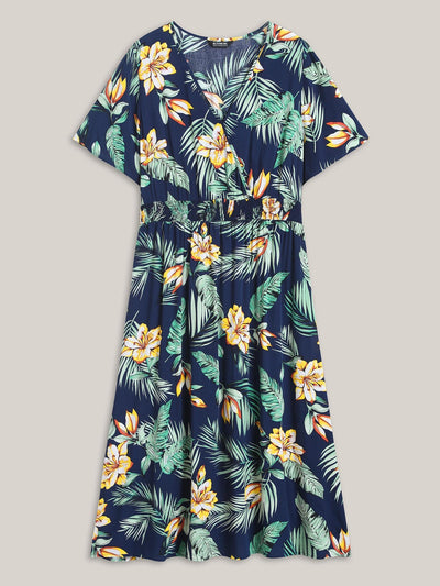Tropical Floral Print Shirred Waist Midi Dress