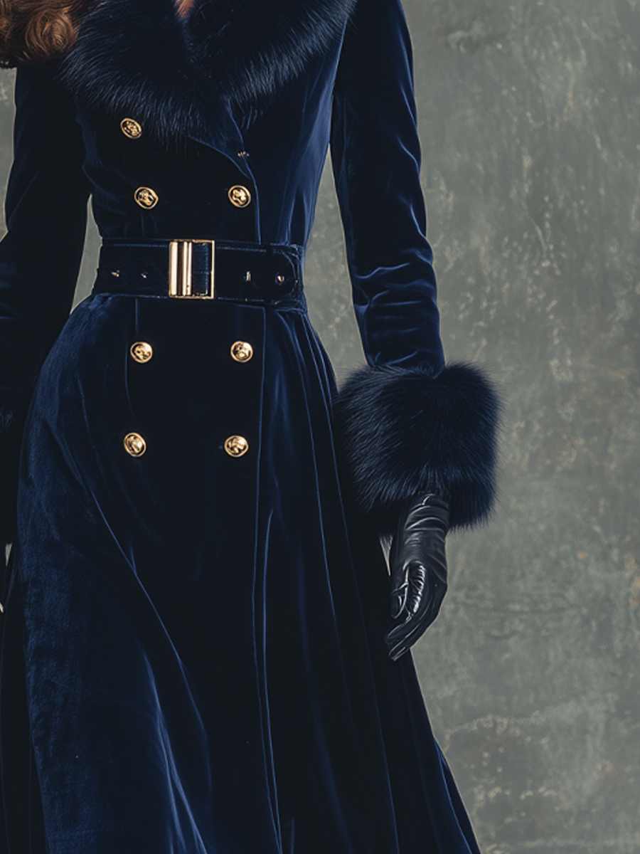 Retro Buttons Fur Collar Velvet Coat