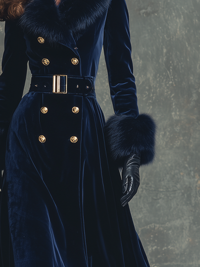 Retro Buttons Fur Collar Velvet Coat