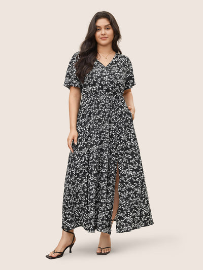 Bloom Dress - Flutter Sleeve Ditsy Floral Pocket Split Maxi Dress